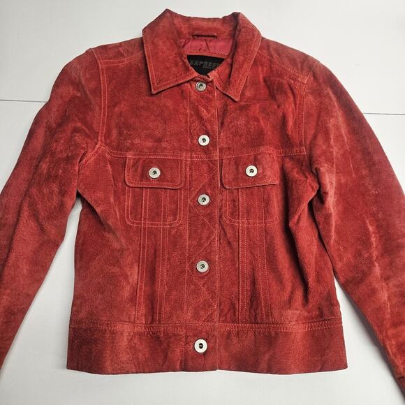 Vtg Y2K Express 100% Genuine Suede Moto Jacket Button Down XS Red Biker - Picture 2 of 10